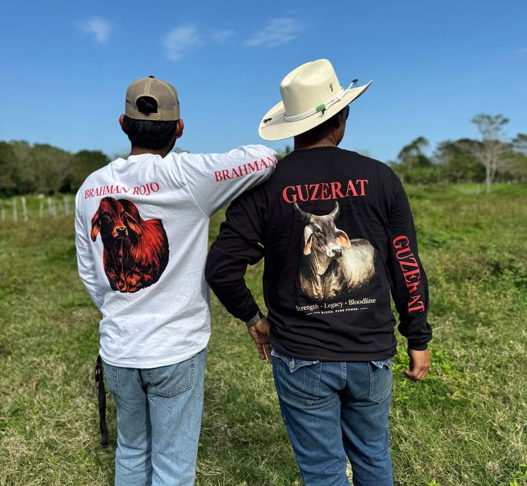 Two men wearing long-sleeve shirts featuring Brahman and Guzerat cattle designs in a grassy field.