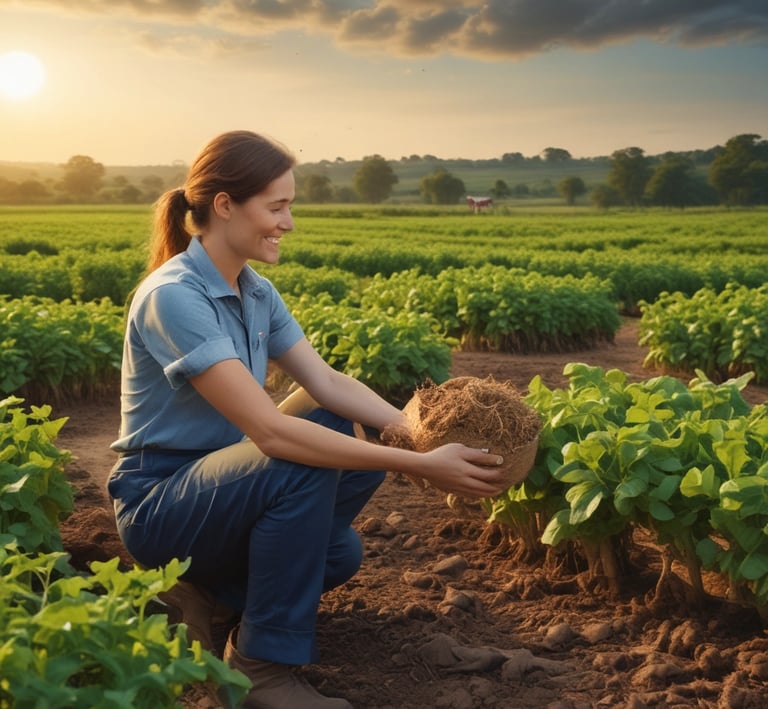 A lush green farm field with biochar bags neatly stacked beside farmland.
