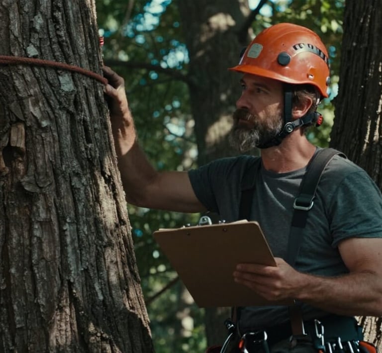A certified arborist evaluating a tree for health and risk assessment