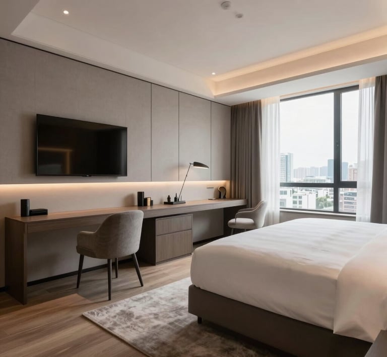 A cozy residential living room rendered in 3D with natural light and soft colors.