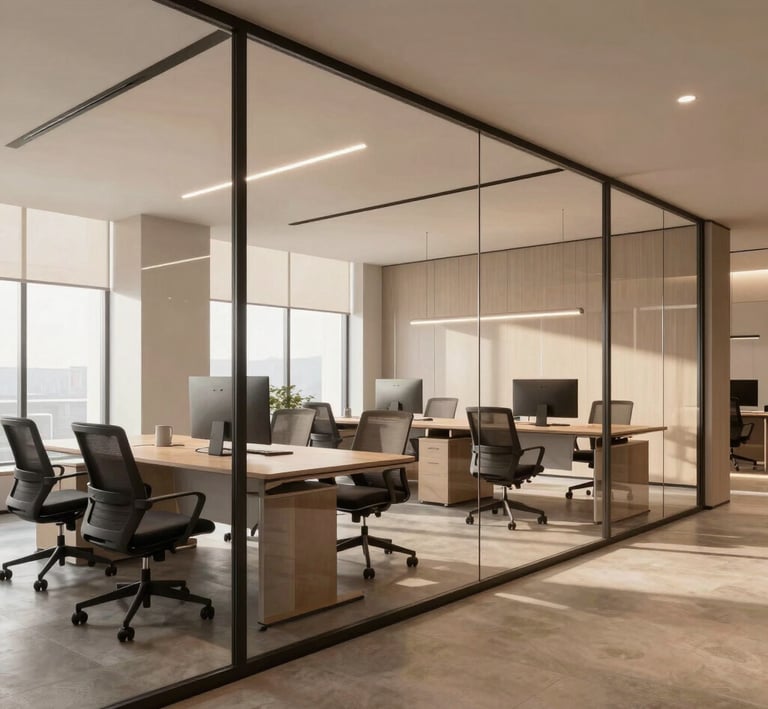 A stylish office space 3D model highlighting modern design and open layout.