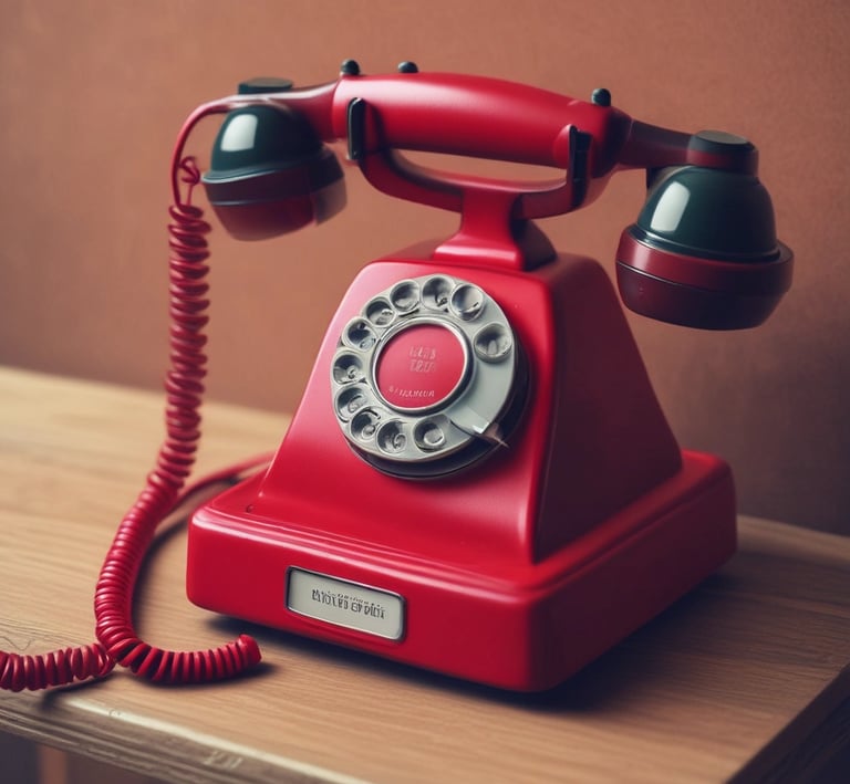 Vintage red rotary dial telephone with a coiled cord sitting on a wooden desk.