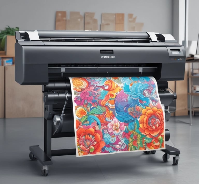 Professional wide-format inkjet printer producing a colorful floral art print in a studio.