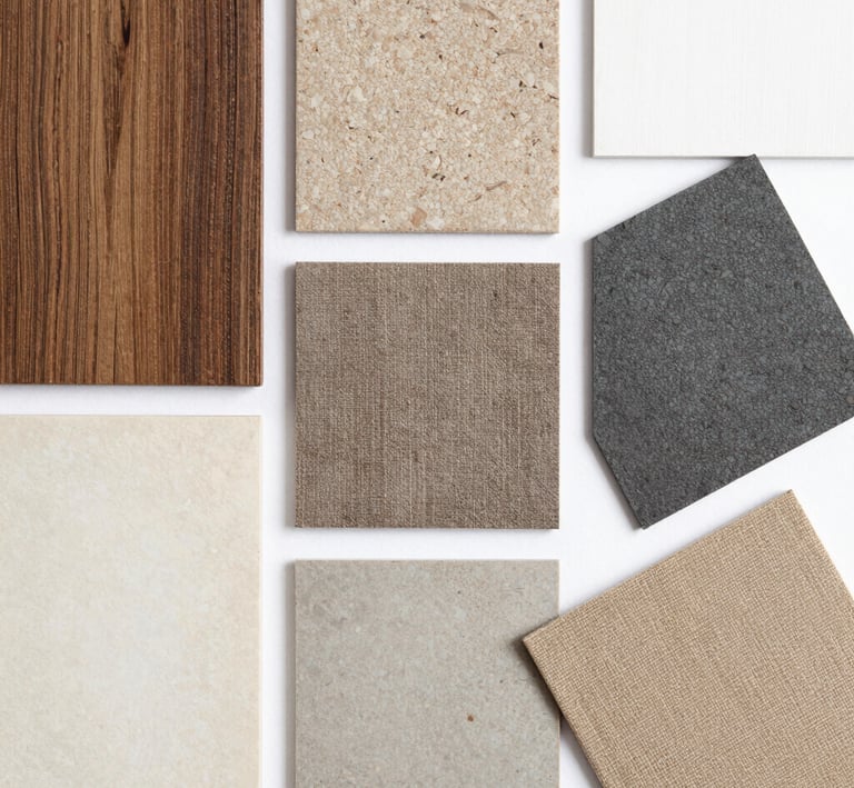 A panoramic view of a luxurious interior featuring floor-to-ceiling windows and layered natural materials.