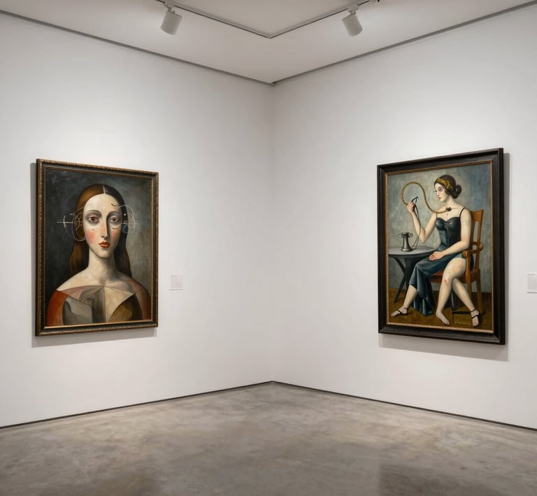 A detailed close-up of a textured oil painting showing intricate brushwork.