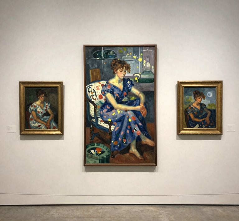 A vibrant abstract painting with bold colors displayed in a softly lit gallery space.