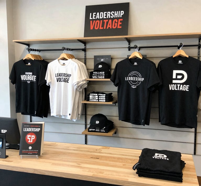 A colorful display of Danielle’s branded apparel and journals arranged neatly in the online store setting.
