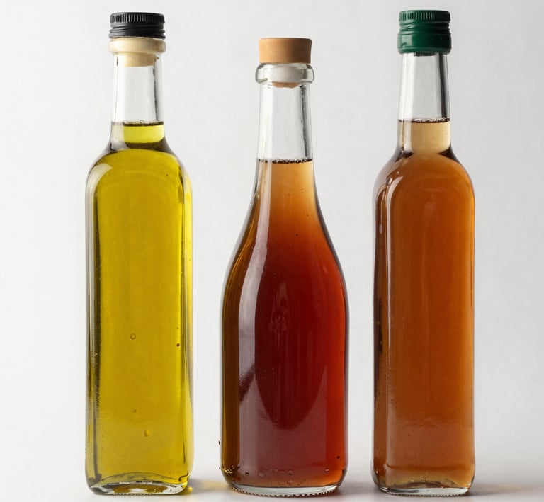 Elegant bottles of Spanish olive oil and aged vinegar displayed with subtle gold accents.