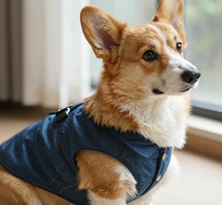 A Pembroke Welsh Corgi wearing a stylish blue denim dog jacket while sitting indoors.