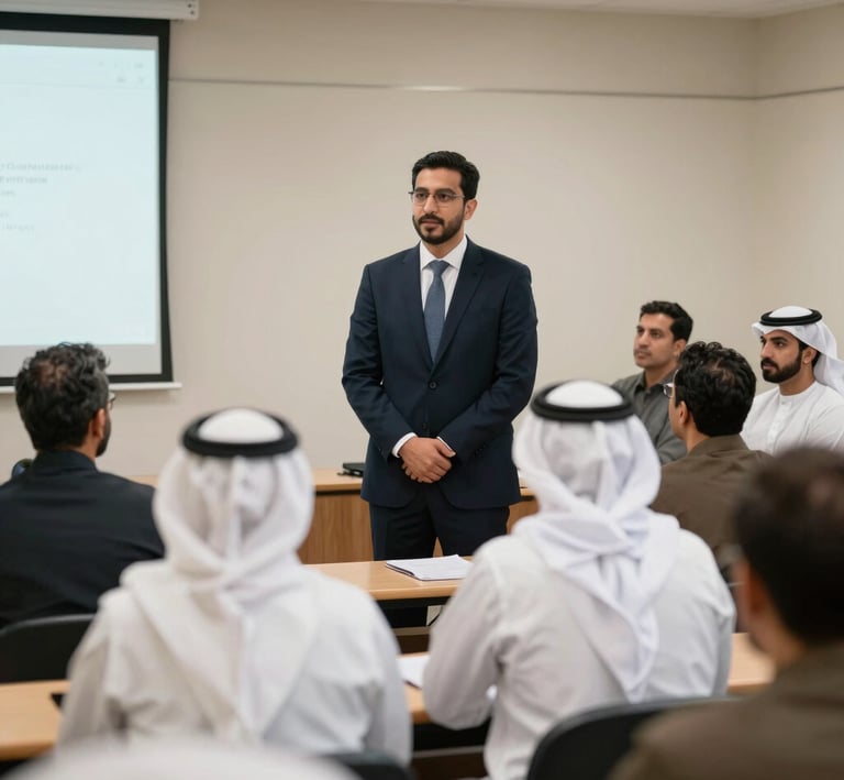 A professional corporate training session in a modern UAE office with attentive participants and a presenter using digital tools.
