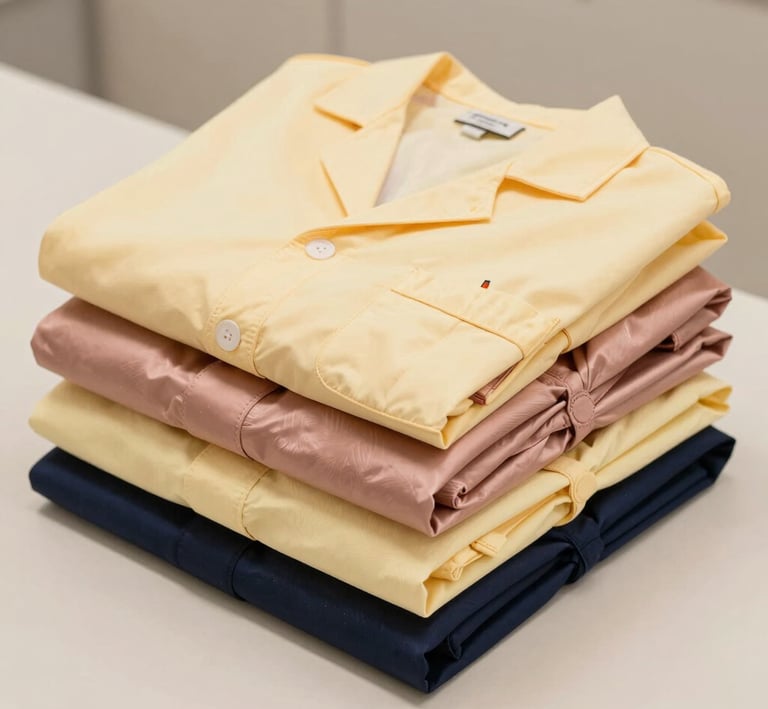 Close-up of a neatly folded surgical scrub top on a clean surface.