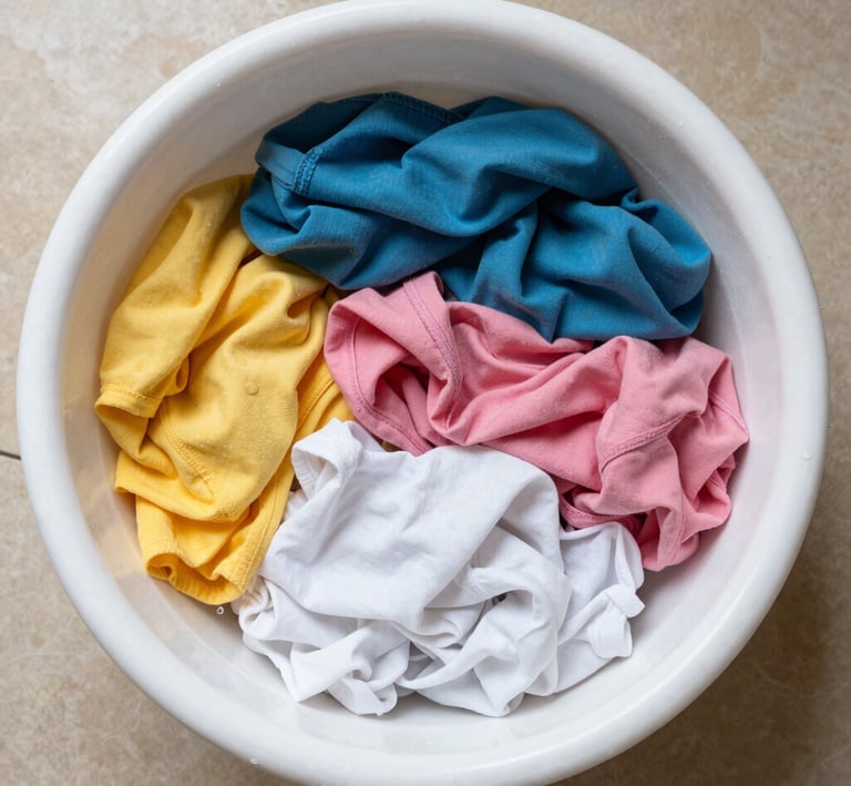Hands gently washing a white lab coat in a basin with mild detergent.