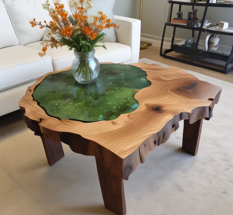 Custom-sized dining table with live edges, highlighting unique wood patterns under soft lighting.