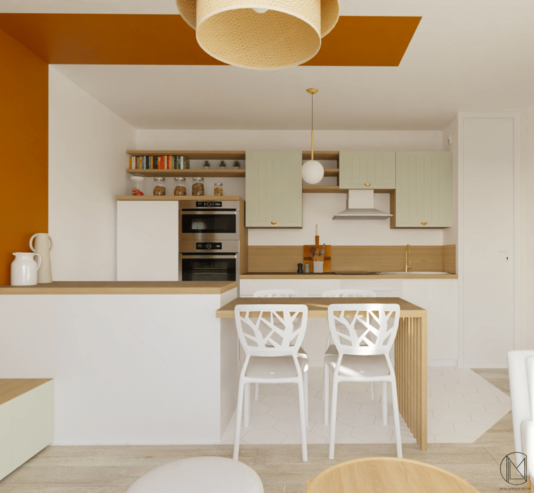 La cuisine est délimitée du séjour par une bande de couleur 