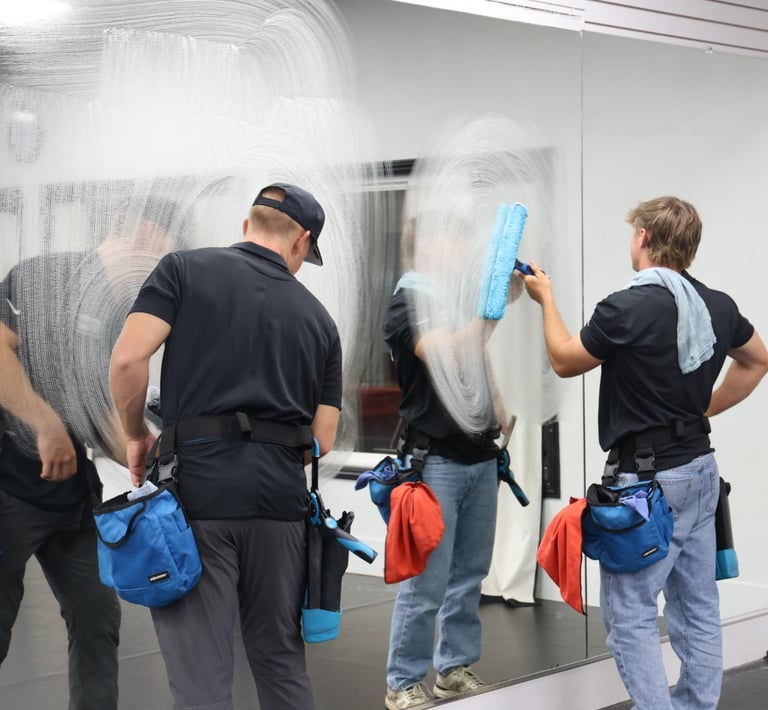 the owners of spartan window cleaning, cleaning a mirror
