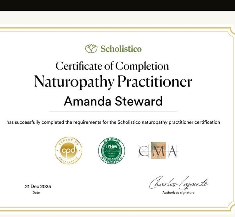 Scholistico certificate of completion for Amanda Steward as a certified Naturopathy Practitioner.