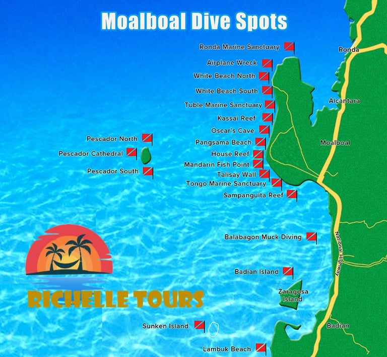 Map of Moalboal Dive Spots along th coastline from Ronda, Alcantara, Moalboal and Badian