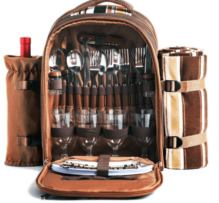 a picnic set up with a wine bottle