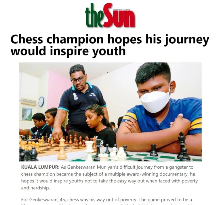 IA Genkeswaran - Founder of Chessmaster Journey, featured in The Sun Daily newspaper. Malaysia Chess