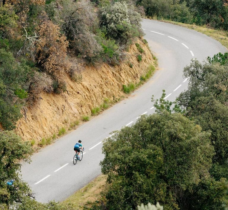 Liz Hughes, a female cyclist descending a mountain on a road bike.
