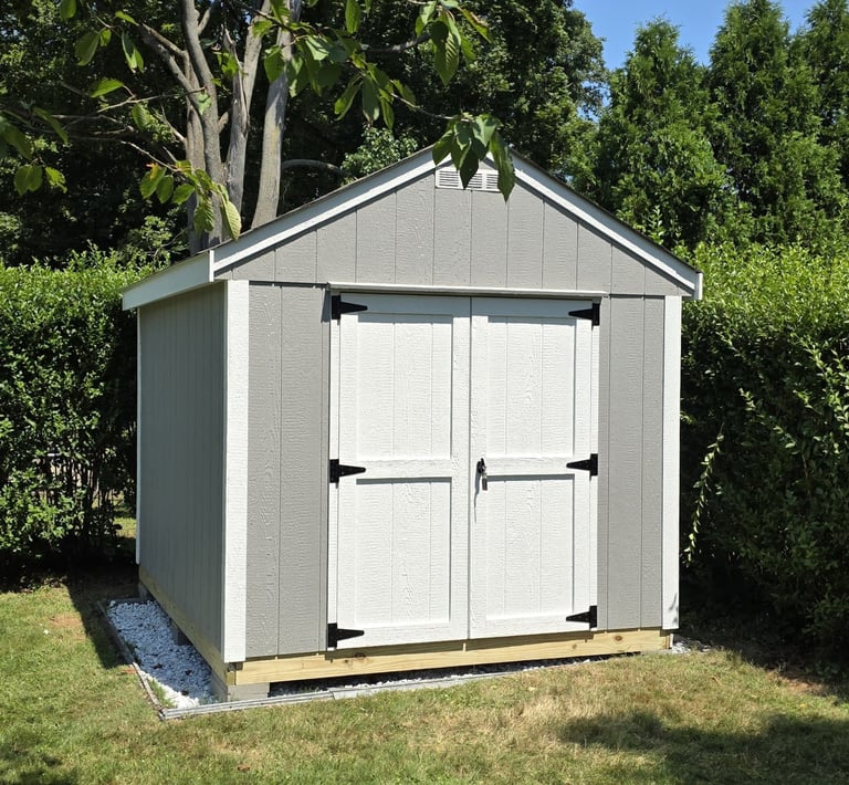 8x10 wooden storage shed with durable construction and classic design for versatile outdoor storage.