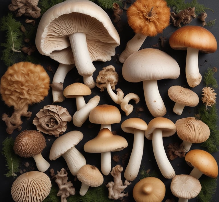 A cozy workshop space with mushroom growing kits and friendly people chatting.