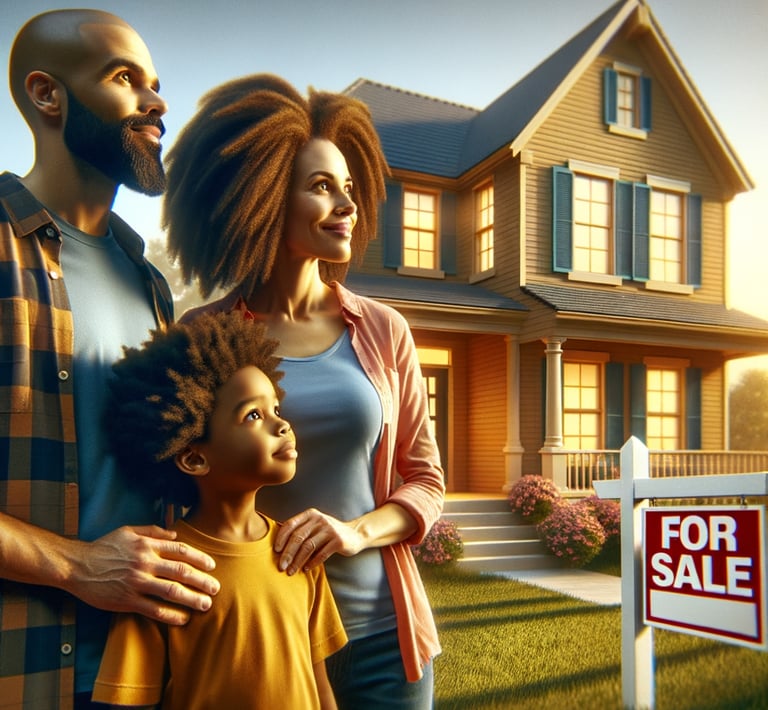 a family buying new home with a for sale sign