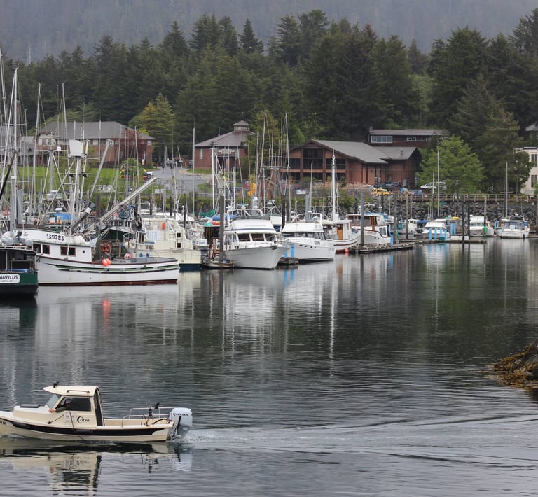 a boat in the water near a dock with many boats