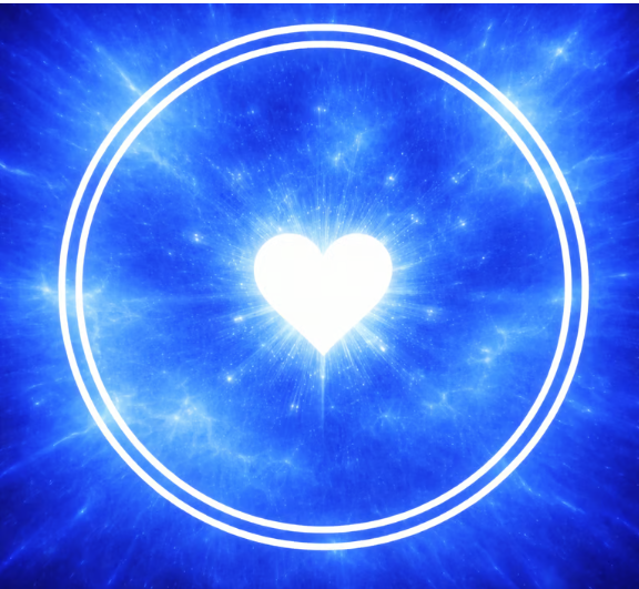 A glowing white heart inside a double-lined circle against a blue cosmic energy background.