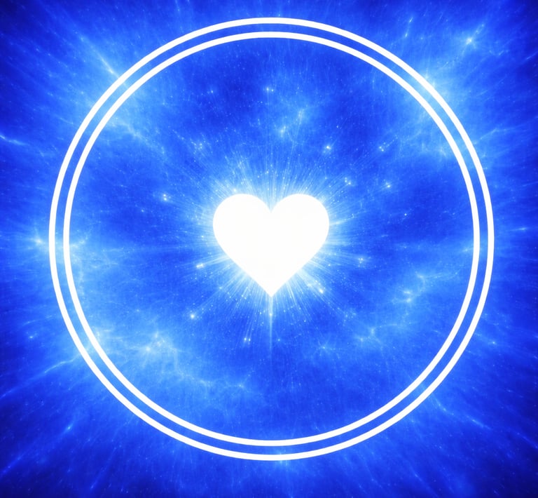 un coeur blanc dans deux cercles blancs dans un ciel bleu irradiant