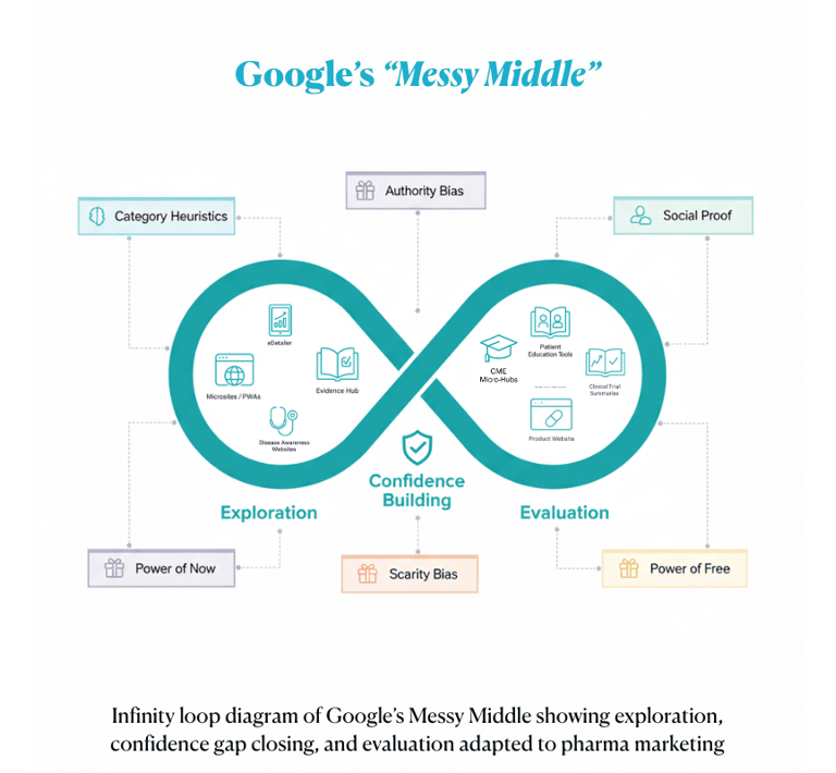 Google’s Messy Middle infinity loop for pharma marketing with six cognitive biases
