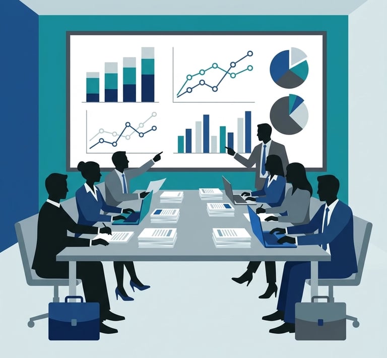 "Private equity professionals reviewing home health agency financial documents and valuation models 