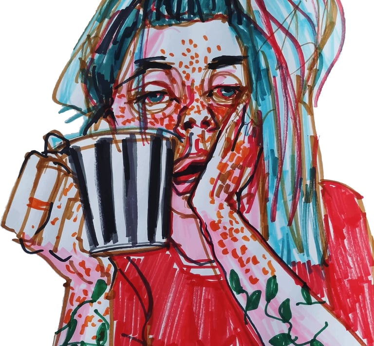 A shetch of a woman with a cup of coffee by mone Kielė