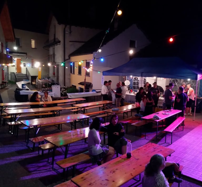 a group of people sitting at tables with purple lights, festa campestre Menzonio