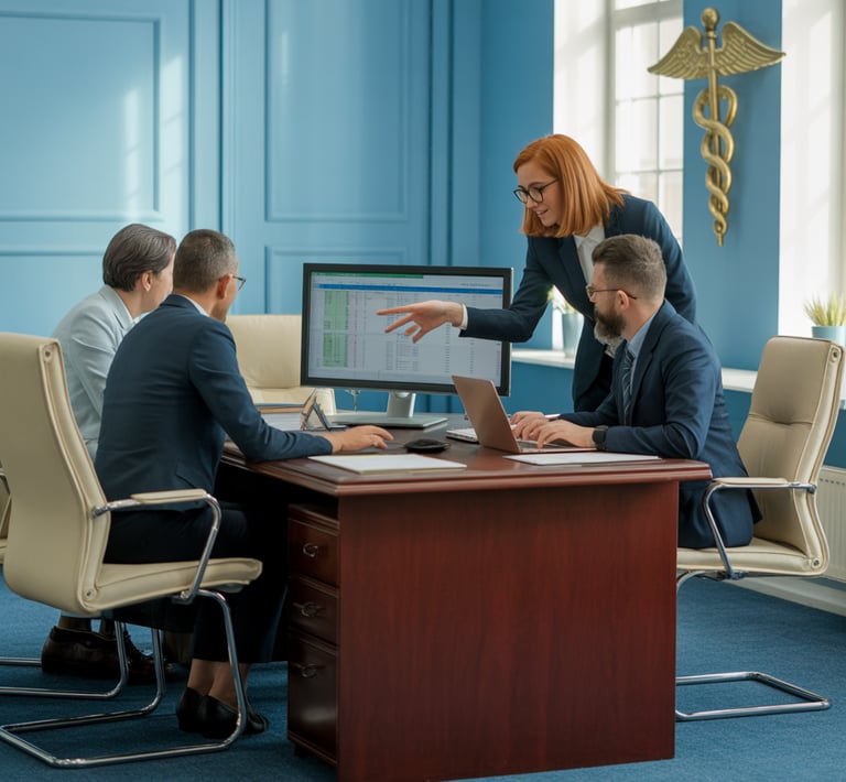 Equipe contábil em reunião analisando planilhas no computador