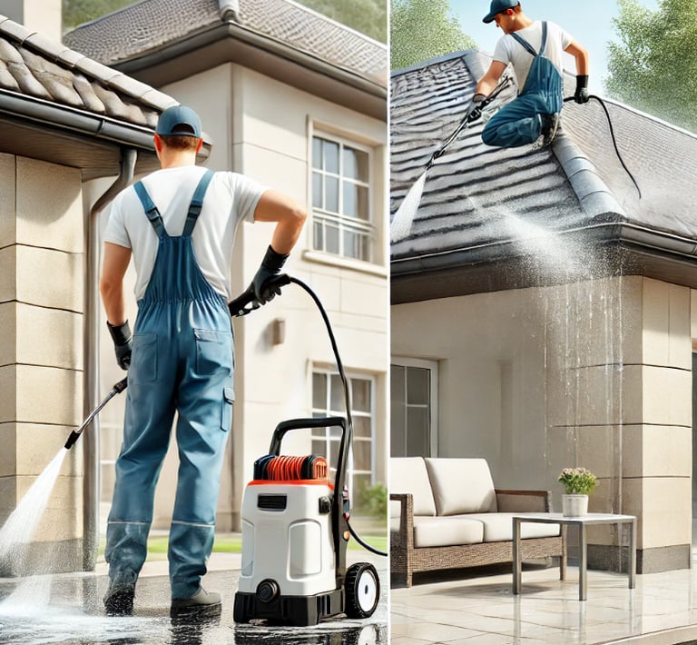 Professionnel nettoyant une façade, un toit et une terrasse avec un nettoyeur haute pression.