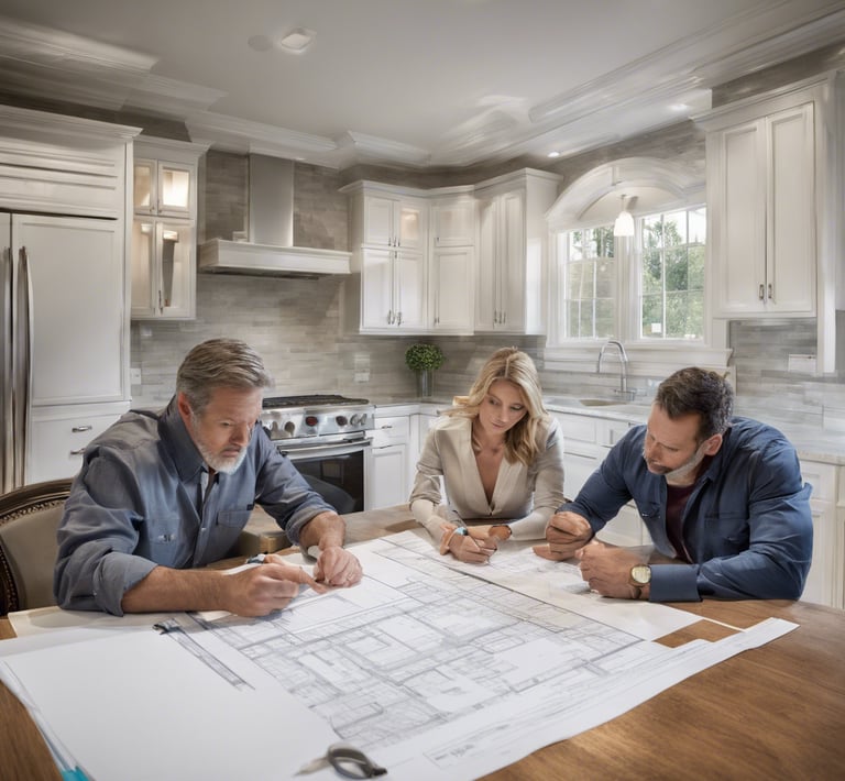a man and woman sitting at a table with a blueprinted floor plan