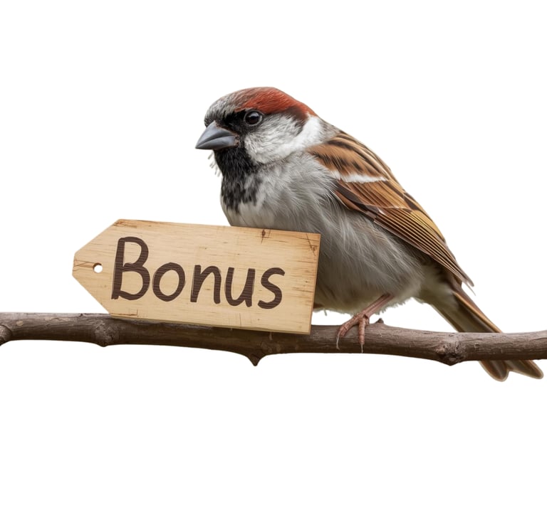 Sparrow sitting on a branch, holding a sign that says bonus, pro bonus tip inside the DIY Guide