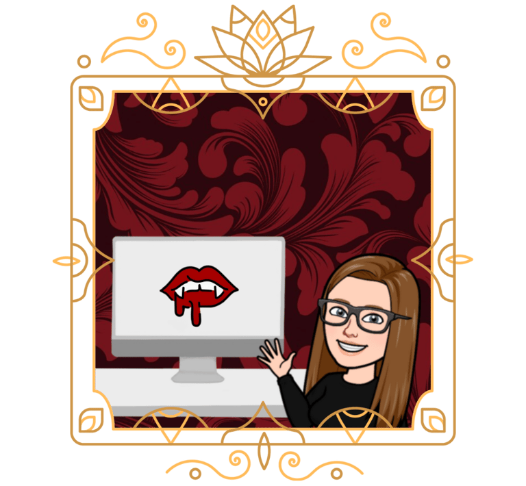 a woman with glasses in front of a computer with a red lips logo in a victorian frame