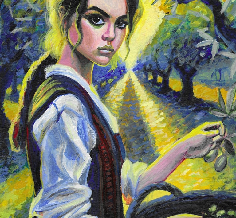 a painting of a woman with a basket of olives