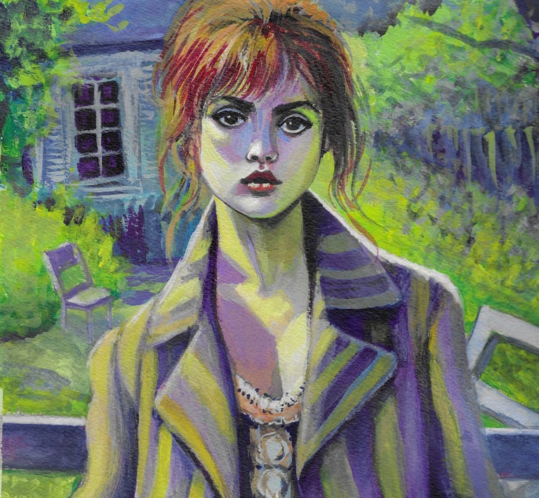 a painting of a woman in a purple jacket