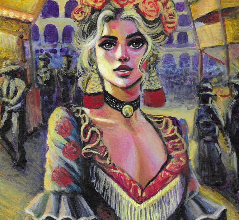 a painting of a woman in a dress with a flower crown