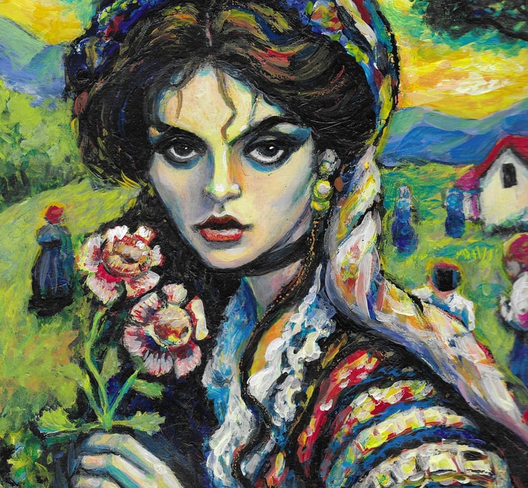 a painting of a woman in a colorful dress