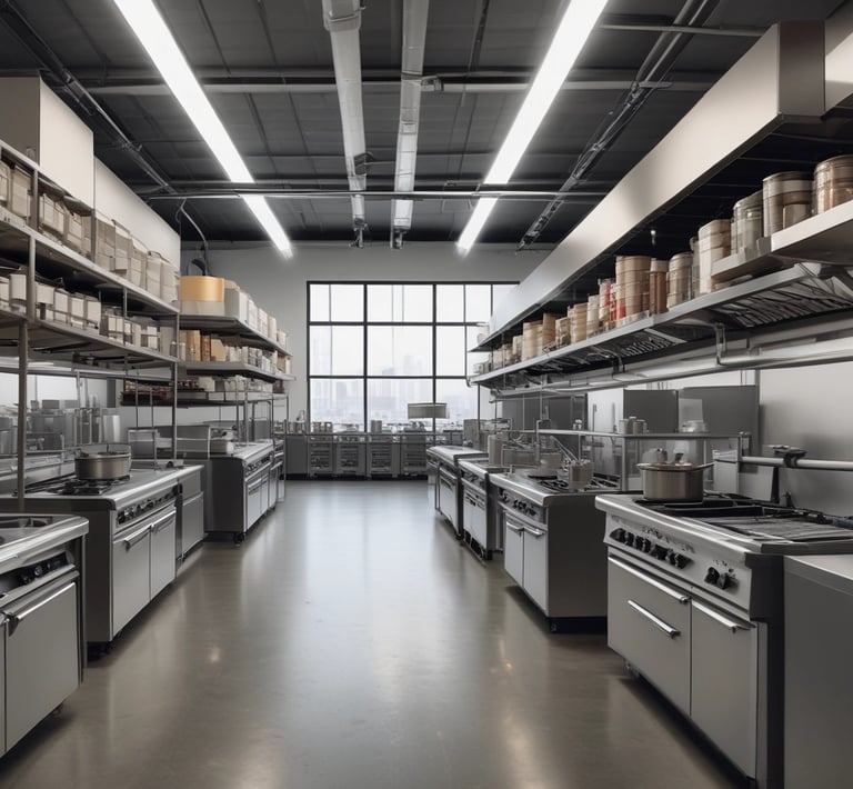 a kitchen with a large open kitchen with a lot of counter space