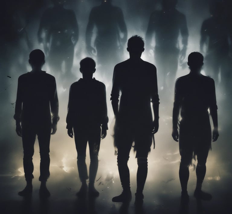 A stark black-and-white street scene with subtle glowing supernatural symbols etched into the pavement.