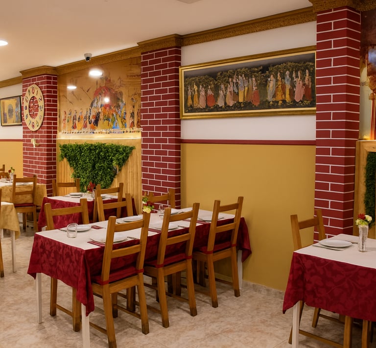 Elegant Chinese restaurant dining room with red brick pillars and traditional cultural artwork.