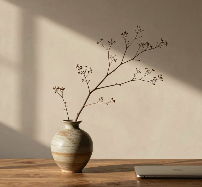 A quiet, minimalist workspace with a single ceramic vase holding a dried branch, soft shadows on a warm plaster wall, natural light