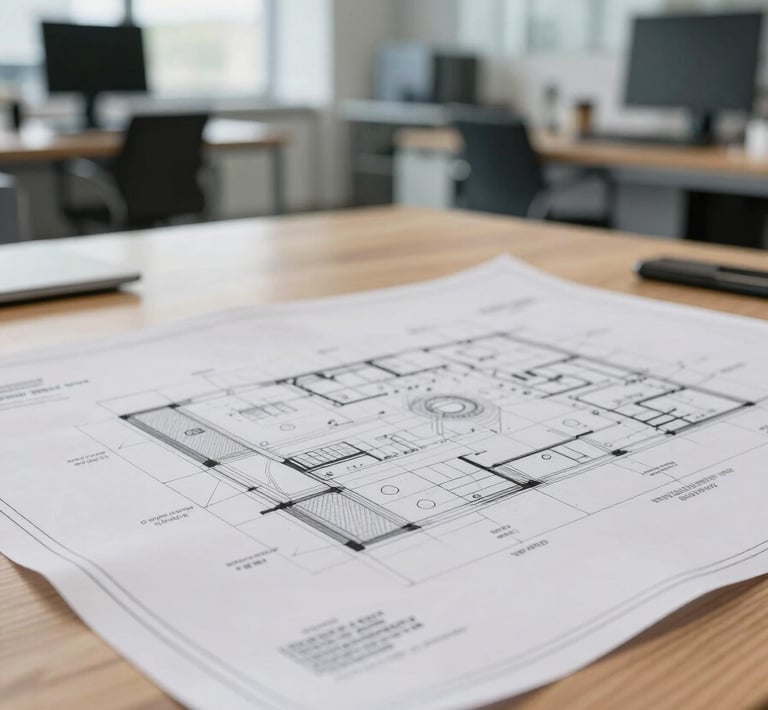 Close-up shot of technical architectural blueprints on a wooden desk in a bright, modern Stuttgart engineering office, natural overcast daylight, high precision.
