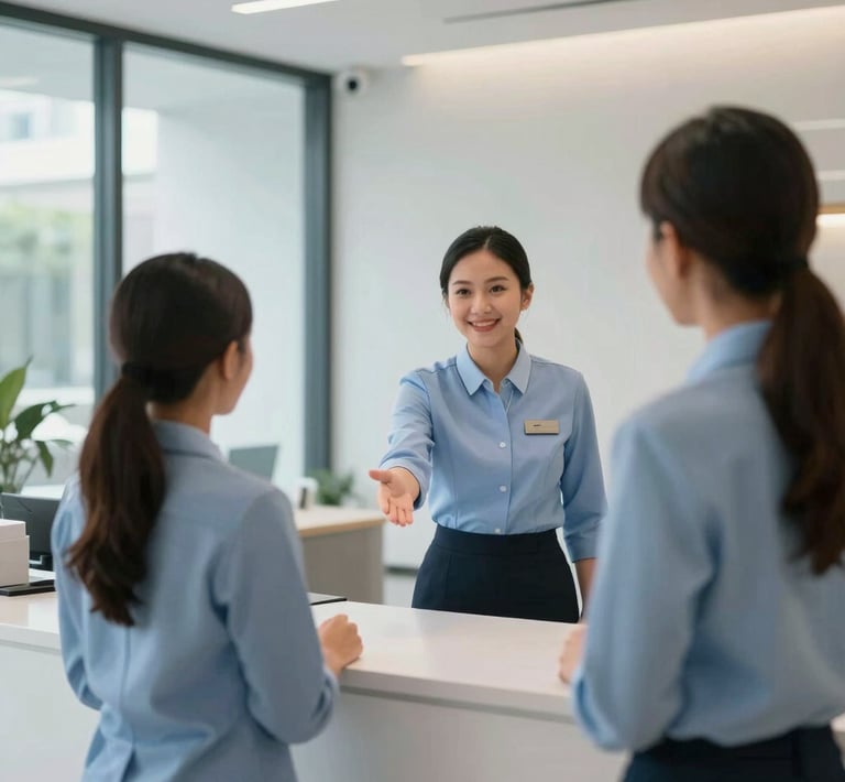 A professional South East Asian / Indonesian office receptionist in a neat uniform greeting people in a modern, brightly lit corporate lobby with glass walls and minimalist furniture. The color scheme features soft blues and whites, creating a trustworthy and professional atmosphere.