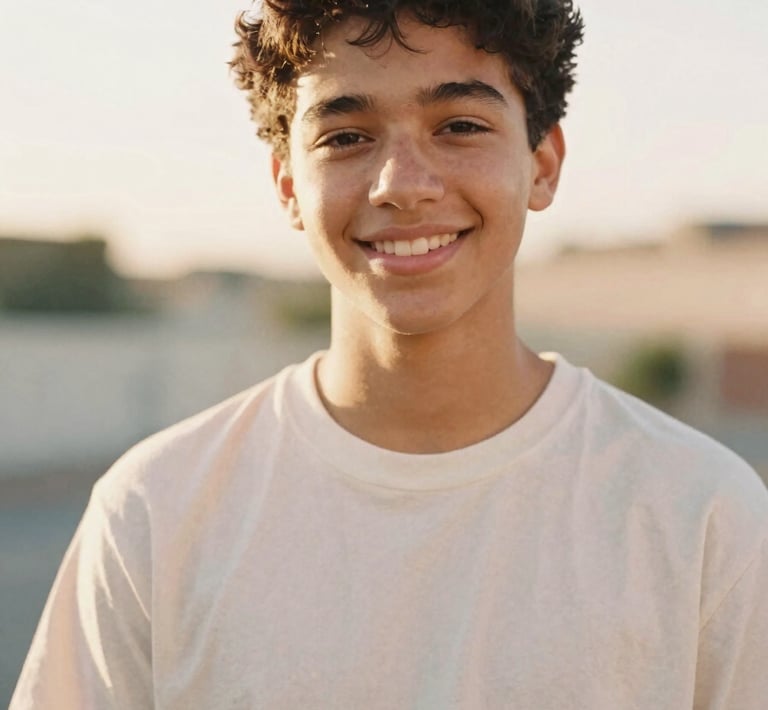 A warm, candid portrait of a Gen Z teenager of color smiling in natural golden-hour sunlight, soft focus, 35mm film texture.